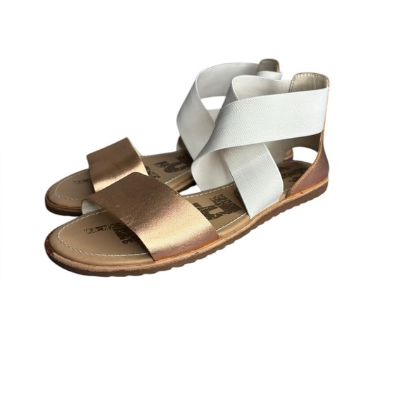 SOREL Women Ella Sandal Natural Rose Gold Elastic Ankle Strap Slide 7.5M - Picture 1 of 7